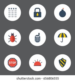 Flat Icons Key, Road Sign, Shield And Other Vector Elements. Set Of Security Flat Icons Symbols Also Includes Parasol, Key, Virus Objects.