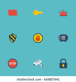 Flat Icons Key, Road Sign, Forbidden And Other Vector Elements. Set Of Safety Flat Icons Symbols Also Includes Camera, Keys, Road Objects.