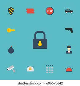 Flat Icons Keypad, Armored Car, Brick Wall And Other Vector Elements. Set Of Procuring Flat Icons Symbols Also Includes Supervision, Camera, Guard Objects.