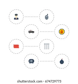 Flat Icons Keypad, Walkie-Talkie, Explosive And Other Vector Elements. Set Of Security Flat Icons Symbols Also Includes Remote, Vault, Guard Objects.