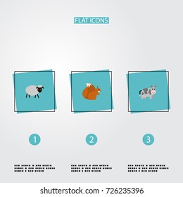 Flat Icons Kine, Chipmunk, Mutton And Other Vector Elements. Set Of Alive Flat Icons Symbols Also Includes Squirrel, Kine, Sheep Objects.