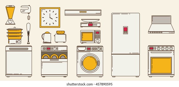 Flat icons for kitchen appliances. Set of gray flat icons with household appliances for kitchen on tan background.