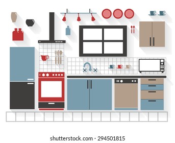 Flat Icons Kitchen Furniture with Appliances and Cupboards - All Long Shadows on one layer - contains blends
