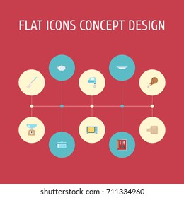 Flat Icons Kitchen Measurement, Cooking Notebook, Casserole And Other Vector Elements. Set Of Cooking Flat Icons Symbols Also Includes Book, Scales, Pot Objects.
