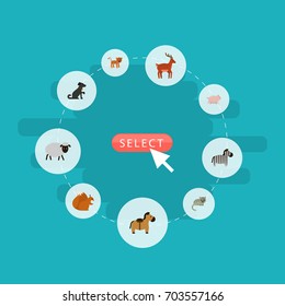 Flat Icons Kitty, Horse, Moose And Other Vector Elements. Set Of Animal Flat Icons Symbols Also Includes Hound, Swine, Mutton Objects.