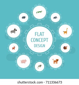 Flat Icons Kitty, Panther, Camelopard And Other Vector Elements. Set Of Zoology Flat Icons Symbols Also Includes Gecko, Reptile, Pig Objects.