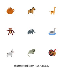 Flat Icons Kitty, Trunked Animal, Jackass And Other Vector Elements. Set Of Zoology Flat Icons Symbols Also Includes Jackass, Chipmunk, Goose Objects.