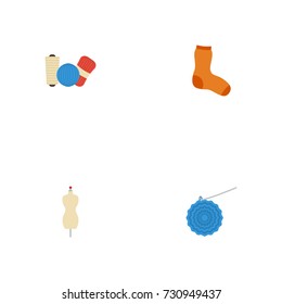 Flat Icons Knitted Socks, Knitting, Shop And Other Vector Elements. Set Of Handmade Flat Icons Symbols Also Includes Socks, Mannequin, Shop Objects.