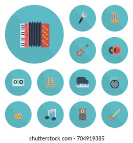 Flat Icons Knob, Banjo, Tambourine And Other Vector Elements. Set Of Audio Flat Icons Symbols Also Includes Box, String, Motion Objects.