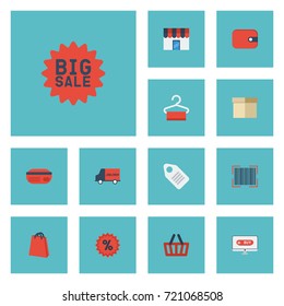 Flat Icons Label, Bus, Payment And Other Vector Elements. Set Of Shopping Flat Icons Symbols Also Includes Payment, Advertising, Store Objects.