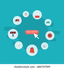 Flat Icons Label , Dress Stand , Pouch Vector Elements. Set Of Shopping Flat Icons Symbols Also Includes Bus, Sale, Price Objects.