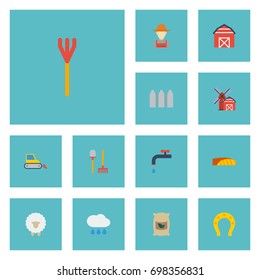 Flat Icons Lamb, Bulldozer, Cultivator And Other Vector Elements. Set Of Harvest Flat Icons Symbols Also Includes Rake, Horseshoe, Tool Objects.