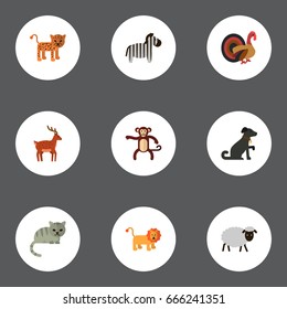 Flat Icons Lamb, Turkey, Hound And Other Vector Elements. Set Of Animal Flat Icons Symbols Also Includes Chimpanzee, Wildcat, Pooch Objects.