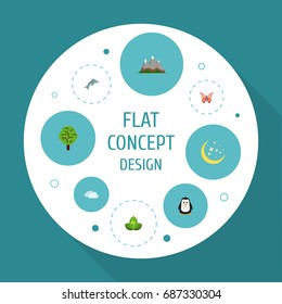 Flat Icons Landscape, Beauty Insect, Eco Energy Vector Elements. Set Of Eco Flat Icons Symbols Also Includes Dolphin, Tree, Night Objects.