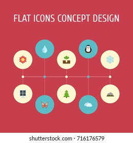 Flat Icons Landscape, Beauty Insect, Tree Vector Elements. Set Of Environment Flat Icons Symbols Also Includes Blob, Landscape, Peak Objects.