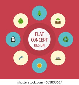 Flat Icons Landscape, Conservation, Sunshine Vector Elements. Set Of Green Flat Icons Symbols Also Includes Plant, Tree, Polar Objects.