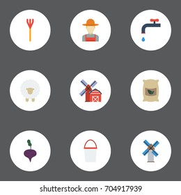 Flat Icons Landscape, Lamb, Cultivator Vector Elements. Set Of Harvest Flat Icons Symbols Also Includes Ewe, Sack, Container Objects.