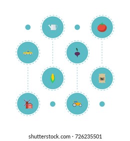 Flat Icons Landscape, Maize, Pickup Vector Elements. Set Of Harvest Flat Icons Symbols Also Includes Sack, Vehicle, Dumper Objects.