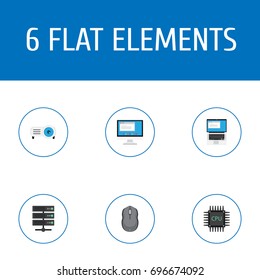 Flat Icons Laptop, Display, Microprocessor And Other Vector Elements. Set Of PC Flat Icons Symbols Also Includes PC, Display, Datacenter Objects.