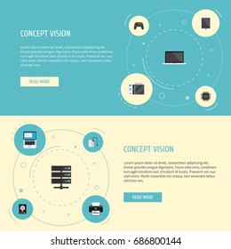 Flat Icons Laptop, Printer, Storage Device And Other Vector Elements. Set Of PC Flat Icons Symbols Also Includes Keyboard, Palmtop, Server Objects.