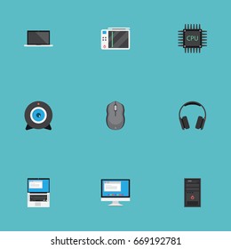 Flat Icons Laptop, Web Cam, Microprocessor And Other Vector Elements. Set Of Computer Flat Icons Symbols Also Includes Keyboard, Motherboard, Cpu Objects.