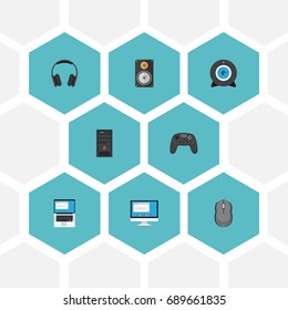 Flat Icons Laptop, Web Cam, System Unit And Other Vector Elements. Set Of PC Flat Icons Symbols Also Includes Mouse, Unit, Headphone Objects.