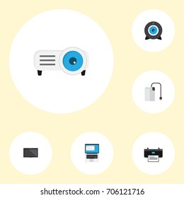 Flat Icons Laptop, Web Cam, Printer And Other Vector Elements. Set Of Laptop Flat Icons Symbols Also Includes Broadcast, Laptop, PC Objects.