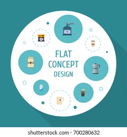 Flat Icons Latte, Paper Box, Coffee Mill And Other Vector Elements. Set Of Drink Flat Icons Symbols Also Includes Capsule, Cocktail, Latte Objects.