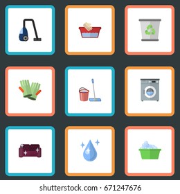 Flat Icons Laundromat, Aqua, Mopping And Other Vector Elements. Set Of Hygiene Flat Icons Symbols Also Includes Cleaner, Junk, Hand Objects.