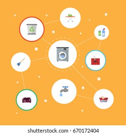 Flat Icons Laundromat, Garbage Container, Faucet And Other Vector Elements. Set Of Hygiene Flat Icons Symbols Also Includes Whisk, Ironing, Carpet Objects.