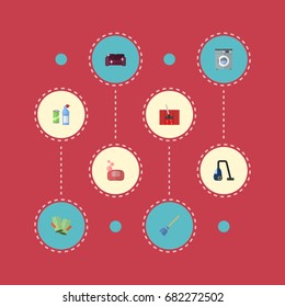 Flat Icons Laundromat, Gauntlet, Sweeper And Other Vector Elements. Set Of Hygiene Flat Icons Symbols Also Includes Sweeper, Whisk, Detergent Objects.