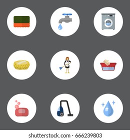 Flat Icons Laundromat, Housewife, Sweeper And Other Vector Elements. Set Of Cleaning Flat Icons Symbols Also Includes Washing, Machine, Sponge Objects.