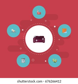 Flat Icons Laundromat, Sofa, Gauntlet And Other Vector Elements. Set Of Cleaning Flat Icons Symbols Also Includes Washcloth, Sofa, Gloves Objects.