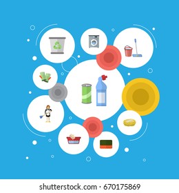 Flat Icons Laundromat, Sponge, Garbage Container And Other Vector Elements. Set Of Cleaning Flat Icons Symbols Also Includes Bast, Junk, Woman Objects.