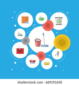 Flat Icons Laundry, Carpet Vacuuming, Garbage Container And Other Vector Elements. Set Of Hygiene Flat Icons Symbols Also Includes Vacuuming, Bin, Housekeeping Objects.