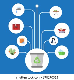 Flat Icons Laundry, Carpet Vacuuming, Sweeper And Other Vector Elements. Set Of Cleaning Flat Icons Symbols Also Includes Tap, Clean, Ironing Objects.