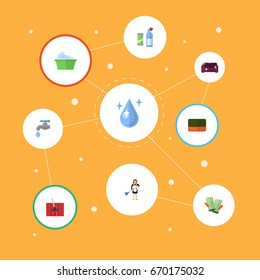 Flat Icons Laundry, Carpet Vacuuming, Sofa And Other Vector Elements. Set Of Hygiene Flat Icons Symbols Also Includes Housemaid, Laundry, Wisp Objects.