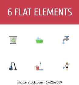 Flat Icons Laundry, Mopping, Faucet And Other Vector Elements. Set Of Cleaning Flat Icons Symbols Also Includes Mopping, Cleaner, Tap Objects.