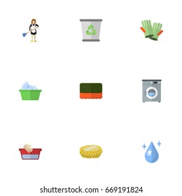 Flat Icons Laundry, Sponge, Gauntlet And Other Vector Elements. Set Of Hygiene Flat Icons Symbols Also Includes Wash, Laundry, Woman Objects.