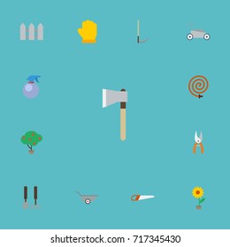 Flat Icons Lawn Mower, Axe, Green Wood And Other Vector Elements. Set Of Gardening Flat Icons Symbols Also Includes Wheelbarrow, Hosepipe, Lawnmower Objects.