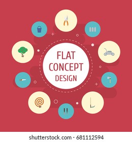 Flat Icons Lawn Mower, Bucket, Hacksaw And Other Vector Elements. Set Of Gardening Flat Icons Symbols Also Includes Scythe, Hacksaw, Instruments Objects.
