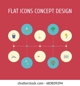 Flat Icons Lawn Mower, Green Wood, Hacksaw And Other Vector Elements. Set Of Agriculture Flat Icons Symbols Also Includes Flower, Plant, Fence Objects.