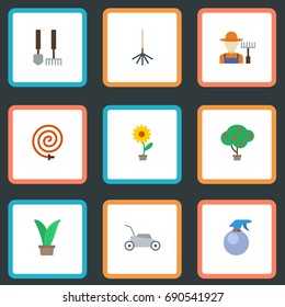 Flat Icons Lawn Mower, Rake, Spray Bottle And Other Vector Elements. Set Of Gardening Flat Icons Symbols Also Includes Rake, Harrow, Gardener Objects.
