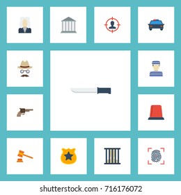Flat Icons Lawyer, Suspicious, Prisoner And Other Vector Elements. Set Of Crime Flat Icons Symbols Also Includes Fingermark, Blade, Automobile Objects.