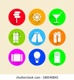 Flat icons for leisure. Colored circle icons for rest and leisure on white.