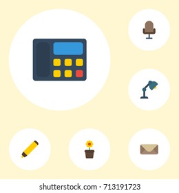 Flat Icons Letter, Armchair, Highlighter And Other Vector Elements. Set Of Bureau Flat Icons Symbols Also Includes Plant, Call, Phone Objects.