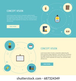 Flat Icons Letter, Espresso Machine, Identification And Other Vector Elements. Set Of Office Flat Icons Symbols Also Includes Book, Houseplant, Mail Objects.