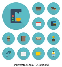 Flat Icons Letter, Plant Pot, Pen Holder And Other Vector Elements. Set Of Bureau Flat Icons Symbols Also Includes Coffee, Call, Telephone Objects.