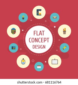 Flat Icons Letter, Whiteboard, Date And Other Vector Elements. Set Of Bureau Flat Icons Symbols Also Includes Stand, Coffee, Plant Objects.