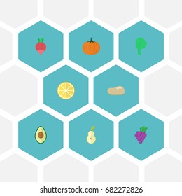 Flat Icons Lettuce, Alligator Pear, Lime And Other Vector Elements. Set Of Fruit Flat Icons Symbols Also Includes Potato, Potatoes, Greens Objects.